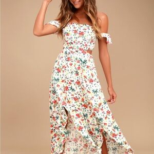 Easy on the Eyes Cream Floral Print Off-the-Shoulder Maxi Dress